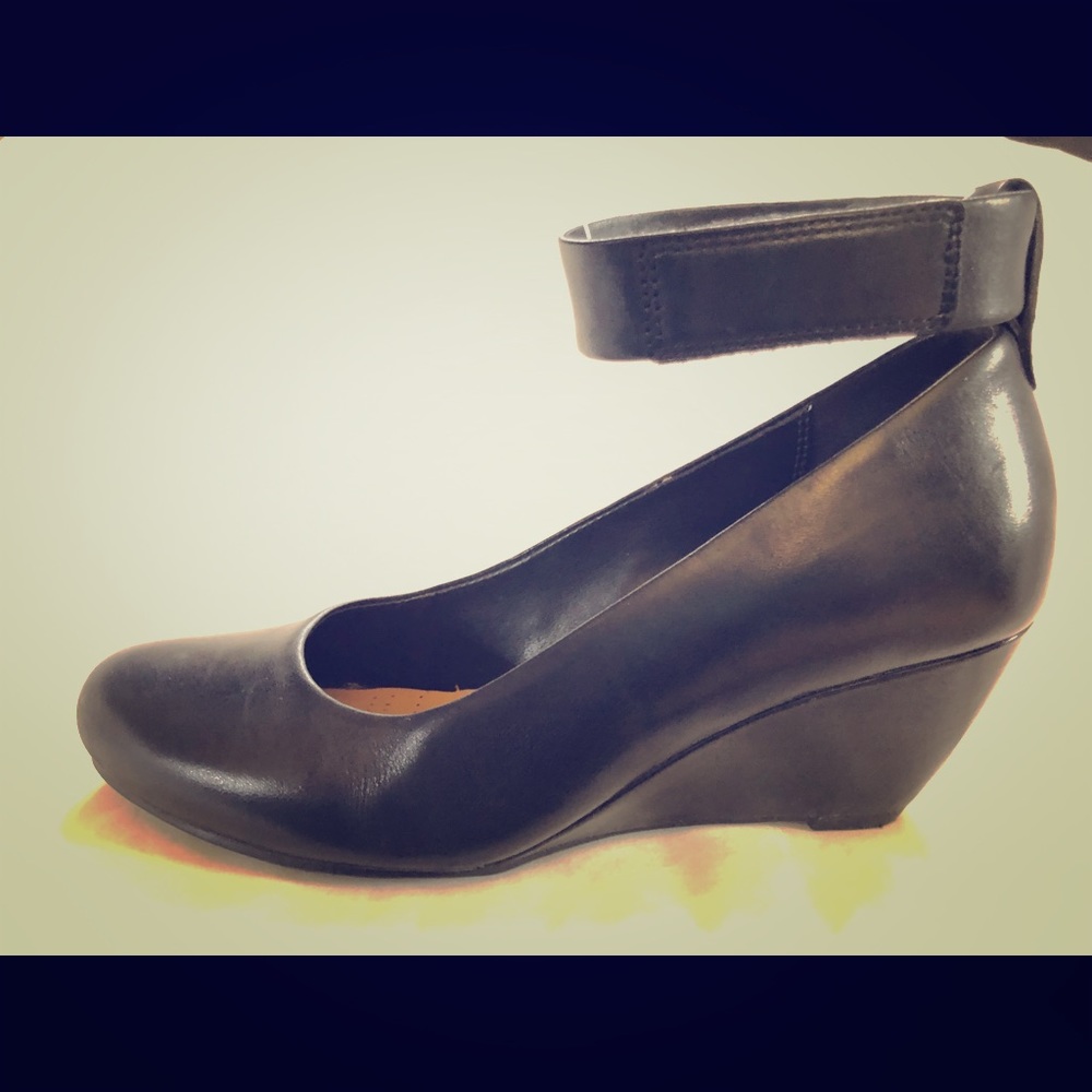 Clark’s Black High Heel Ankle Strap Wedge
